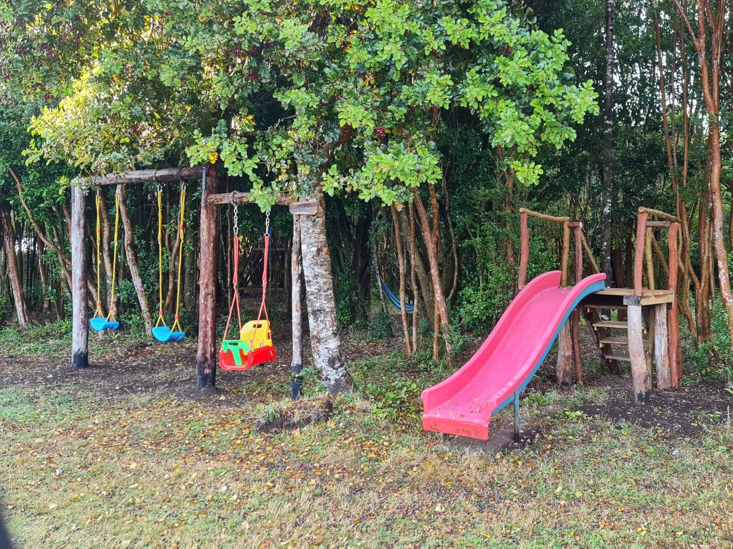 Zona de juegos infantiles entre árboles en Paraíso Wilkeco
