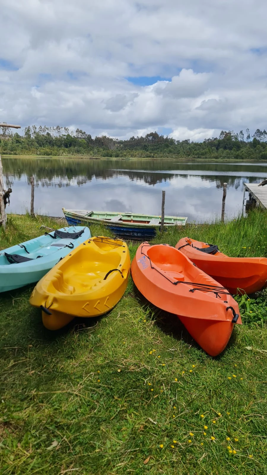 Kayaks de distintos colores preparados junto al agua en Paraíso Wilkeco
