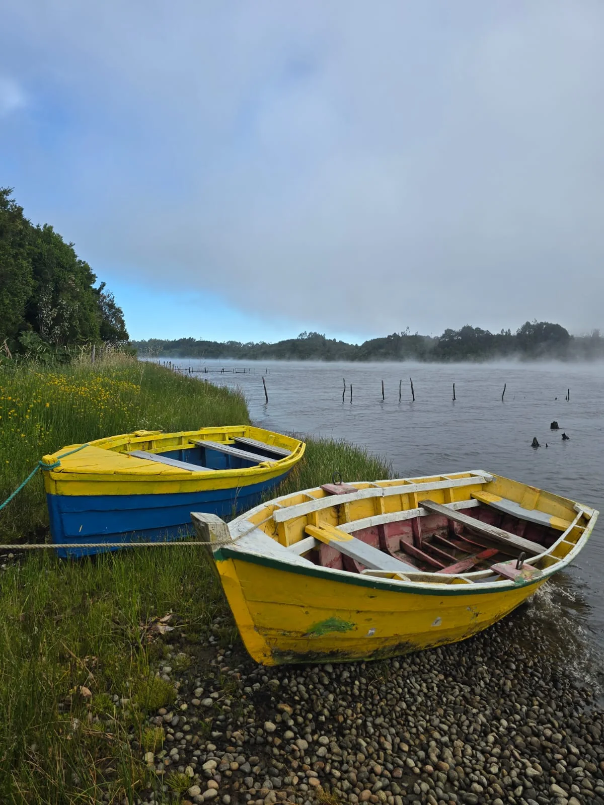 Botes tradicionales junto al agua con neblina en Paraíso Wilkeco